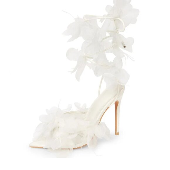 FSJ Shoes - FSJ White Pointed Toe Lace-Up Sandals Tulle and Feather Bridal Shoes
